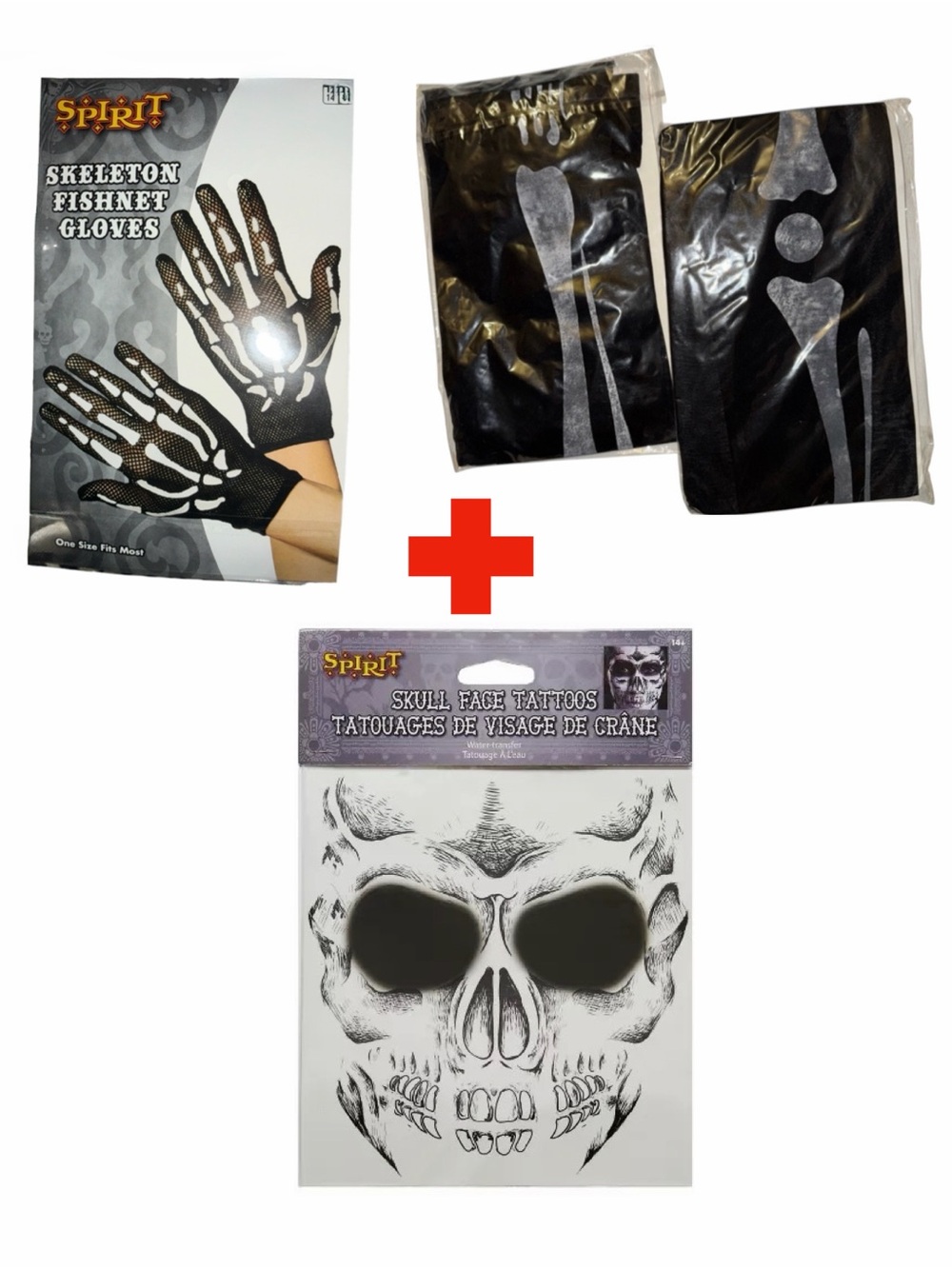 NIB Adult Skeleton Costume Combo: Skull Face Tattoo + Fishnet Gloves + 2X Nylons